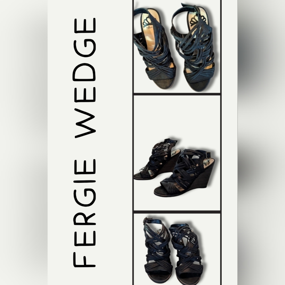 Fergie Black Wedge Sandals - Size 5